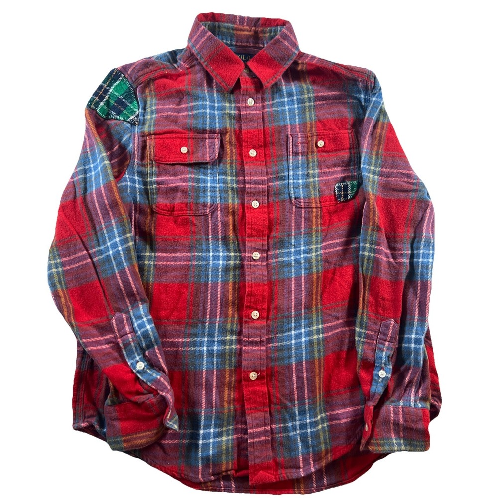 Polo Ralph Lauren Boys Large 14/16 Plaid Flannel LS‎ Button Up Shirt Patches